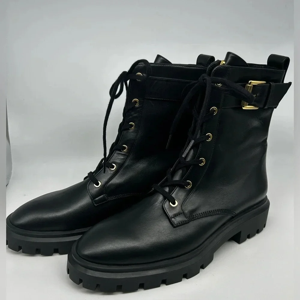 Stuart Weitzman Ultra Lug Black Combat boots Gold Buckles  size 10.5  new